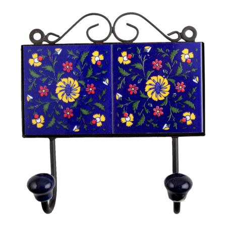 Navy Blue Yellow Floral Tiles Hooks